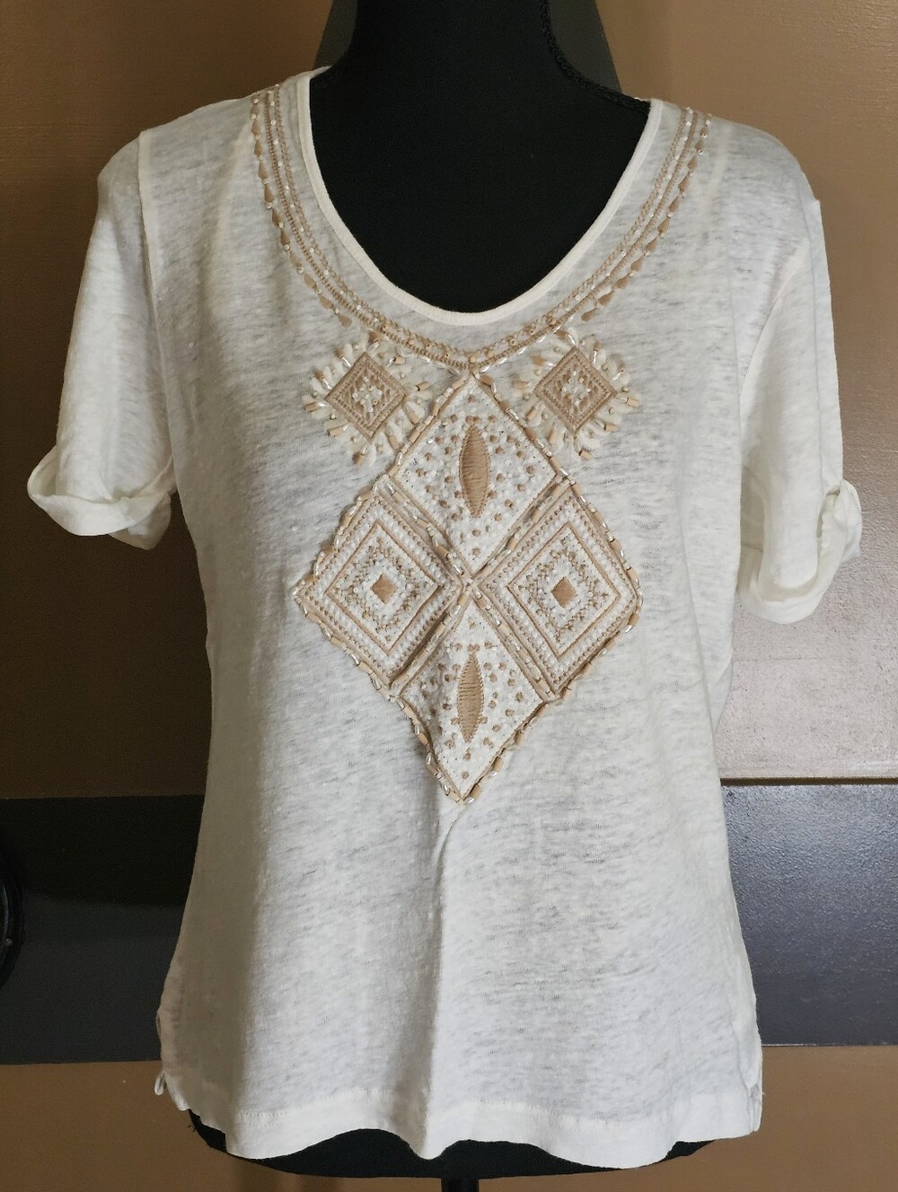 Democracy Bohemian Linen Ivory Tee with Tan Embroidered Beaded Front